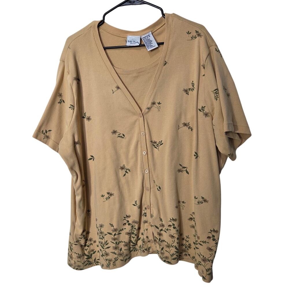 Vintage Bobbie Brooks Tan Floral Short Sleeve Faux Layered Blouse Top Size 26/28